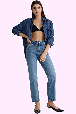 Kadın Denim Jean Pantolon Düz Desen Yüksek Bel Günlük Kombin Hafta Sonu Yaz Aylarının Vazgeçilmezi