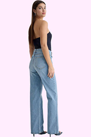 Kadın Denim Pantolon Yüksek Bel Geniş Paça Pamuk Tüm Sezonlar Günlük Kullanım Modern Tasarım