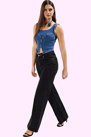 Kadın Pamuklu Denim Geniş Paça Pantolon Rahat Kesim Günlük Kullanım Yaz Aylarının Vazgeçilmezi