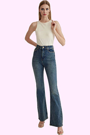 Kadın Denim Jean Yüksek Bel Flare Günlük Kullanım İçin Hafta Sonu Yaz Aylarının Vazgeçilmezi