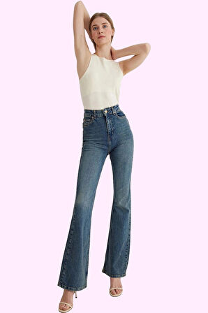 Kadın Denim Jean Yüksek Bel Flare Günlük Kullanım İçin Hafta Sonu Yaz Aylarının Vazgeçilmezi