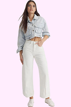 Kadın Pamuk Denim Pantolon Dikiş Detaylı Yüksek Bel Geniş Paça Yaz Günlük Kullanım Hafta Sonu