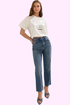 Kadın Denim Straight Jean Pantolon Yüksek Bel Boru Paça Pamuk Günlük Yaz Aylarının Vazgeçilmezi