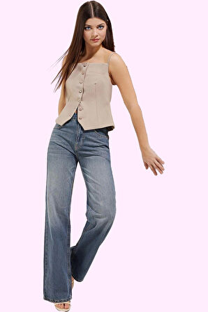 Kadın Pamuk Denim Pantolon Yüksek Bel Geniş Paça Günlük Kullanım İçin Mükemmel Özel Günler