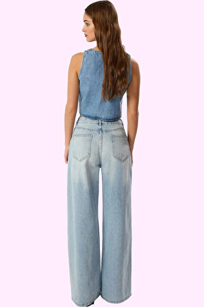 Kadın Pamuk Denim Palazzo Jean Yüksek Bel Geniş Paça Günlük ve Şık Yaz Aylarının Vazgeçilmezi