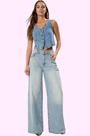 Kadın Pamuk Denim Palazzo Jean Yüksek Bel Geniş Paça Günlük ve Şık Yaz Aylarının Vazgeçilmezi