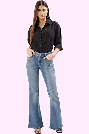 Kadın Denim Flare Pantolon Düşük Bel İspanyol Paça Günlük Hafta Sonu Yaz Aylarının Vazgeçilmezi