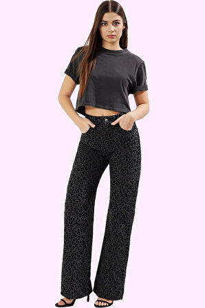 Kadın Leopar Desenli Pamuk Denim Pantolon Yüksek Bel Wide Leg Rigid Dokuma Günlük Kullanım