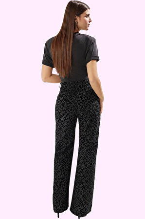 Kadın Leopar Desenli Pamuk Denim Pantolon Yüksek Bel Wide Leg Rigid Dokuma Günlük Kullanım