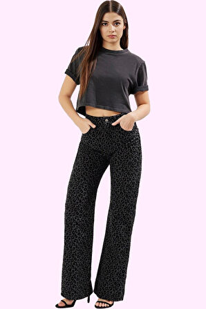 Kadın Leopar Desenli Pamuk Denim Pantolon Yüksek Bel Wide Leg Rigid Dokuma Günlük Kullanım
