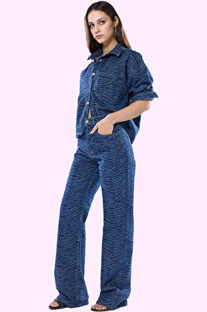 Kadın Pamuk Denim Jean Pantolon Yüksek Bel Geniş Paça Zebra Desenli Tüm Sezon Günlük Kullanım
