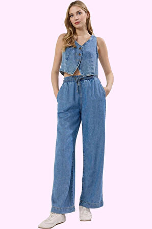 Kadın Denim Wide Leg Pantolon Pamuk Uzun Boy Günlük Stil Hafta Sonu Yaz Aylarının Vazgeçilmezi