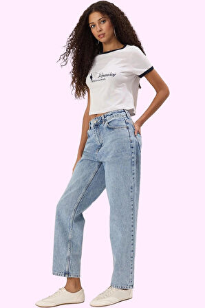 Kadın Denim Mom Jean Boru Paça Yüksek Bel 100 Pamuk Günlük Hafta Sonu Yaz Aylarının Vazgeçilmezi