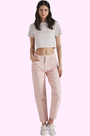 Yazlık Kadın Mom Jean Pantolon Pamuk Rigid Dokuma Şal Desen Günlük Kullanım Modern Tasarım