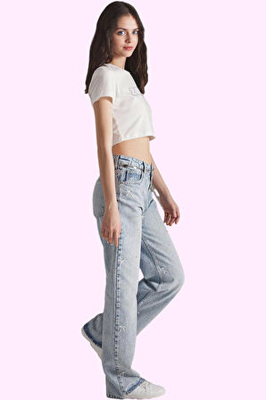 Kadın Uzun Boy Denim Pantolon Geniş Paça Tasarım Pamuk Yazlık Günlük Kullanım Kaliteli Malzeme