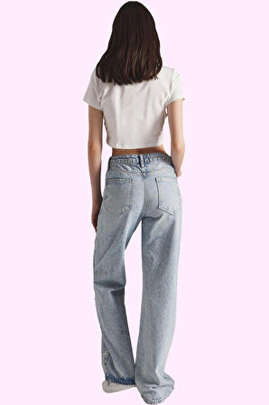 Kadın Uzun Boy Denim Pantolon Geniş Paça Tasarım Pamuk Yazlık Günlük Kullanım Kaliteli Malzeme