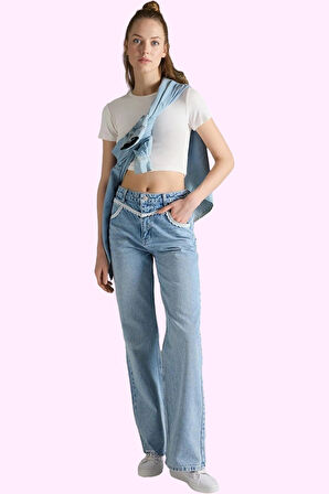 Kadın Pamuk Denim Pantolon Yüksek Bel Wide Leg Casual Günlük Kullanım Yaz Aylarının Vazgeçilmezi