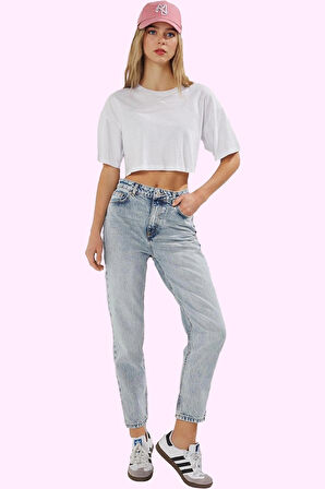 Kadın Denim Mom Jean Pantolon Yüksek Bel Dar Paça Günlük Kullanım Yaz Aylarının Vazgeçilmezi