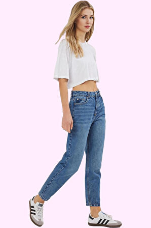Kadın Denim Mom Jean Pantolon Yüksek Bel Dar Paça Günlük Kullanım Yaz Aylarının Vazgeçilmezi