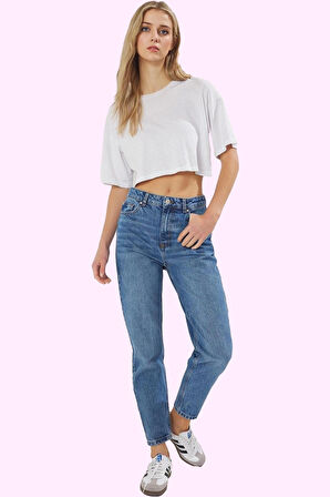 Kadın Denim Mom Jean Pantolon Yüksek Bel Dar Paça Günlük Kullanım Yaz Aylarının Vazgeçilmezi