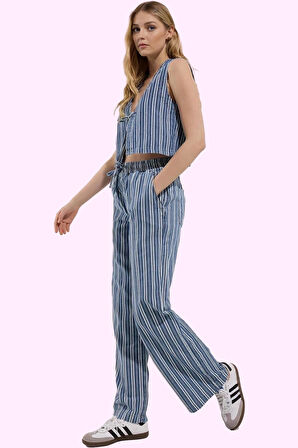 Kadın Denim Pantolon Geniş Paça Çizgili Yüksek Bel Yaz Günlük Kullanım Stilin Buluştuğu Yer