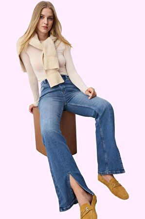 Kadın Denim İspanyol Paça Flare Jean Yüksek Bel 99 Pamuk Günlük Şıklık Yaz Aylarının Vazgeçilmezi