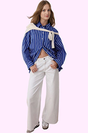 Kadın Pamuk Denim Pantolon Yüksek Bel Geniş Paça Günlük Stil Hafta Sonu Yaz Aylarının Vazgeçilmezi