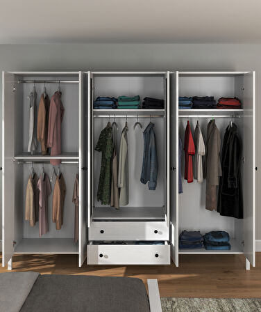 Hunerika Okka 6 kapak 2 çekmeceli Gardırop -Wood Beyaz-Minifiks Bağlantılı 