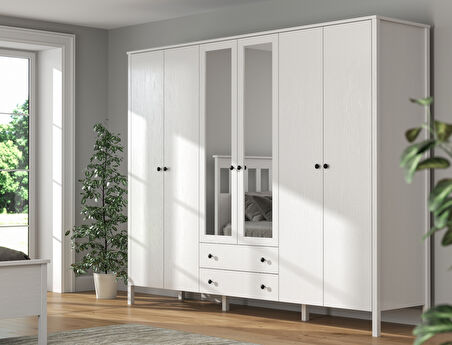 Hunerika Okka 6 kapak 2 çekmeceli Gardırop -Wood Beyaz-Minifiks Bağlantılı 
