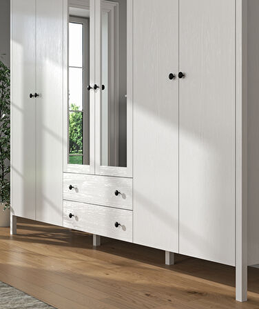 Hunerika Okka 6 kapak 2 çekmeceli Gardırop -Wood Beyaz-Minifiks Bağlantılı 