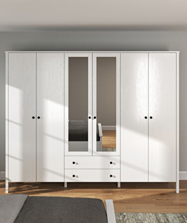 Hunerika Okka 6 kapak 2 çekmeceli Gardırop -Wood Beyaz-Minifiks Bağlantılı 