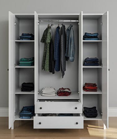 Hunerika Malen 4 Kapak 2 çekmeceli Gardırop-Wood Beyaz-Minifiks Bağlantılı 