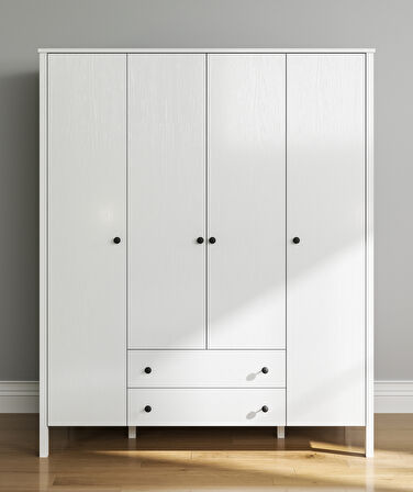 Hunerika Malen 4 Kapak 2 çekmeceli Gardırop-Wood Beyaz-Minifiks Bağlantılı 