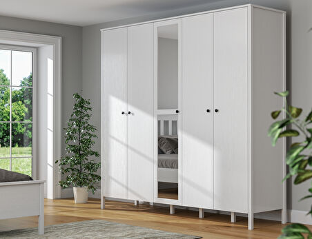 Hunerika Aleron 5 Kapaklı Gardırop-Wood Beyaz-Minifiks Bağlantılı 
