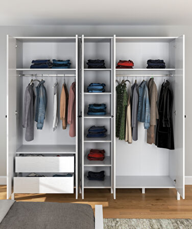 Hunerika Aleron 5 Kapaklı Gardırop-Wood Beyaz-Minifiks Bağlantılı 