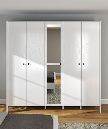 Hunerika Aleron 5 Kapaklı Gardırop-Wood Beyaz-Minifiks Bağlantılı 