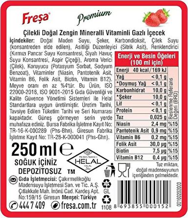 Freşa Premium Çilekli Vitaminli Maden Suyu 250 Ml X 24 Adet