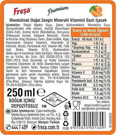 Freşa Premium Mandalinalı Vitaminli Maden Suyu 250 Ml X 24 Adet