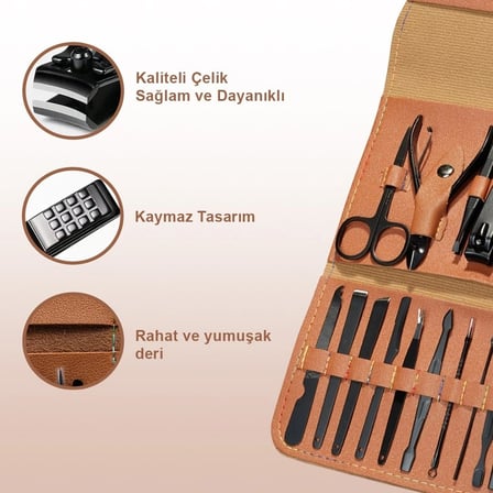 Kahve Rengi Özel Tasarım Deri Manikür Seti