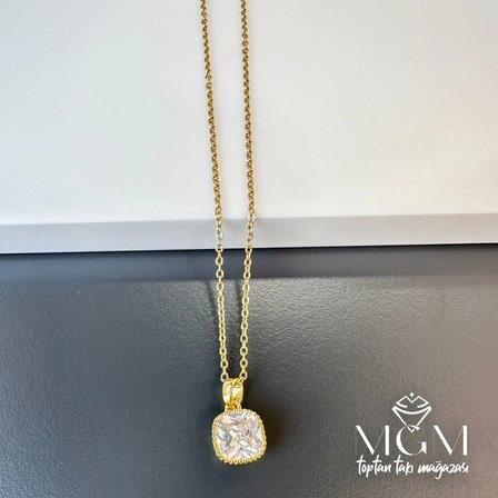 Zirkon Taşlı Zincir Çelik Uç Kısmı Pirinç Kolyeler 40 + 5 Cm Uzatma Payı - Kl0144