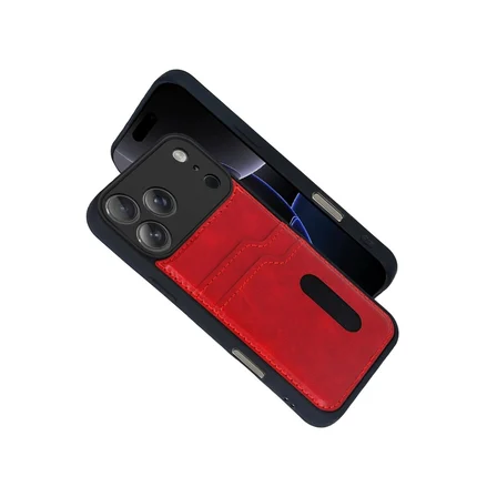 Apple Uyumlu İphone 17 Pro Max Sara Kartvizitli Deri Kılıf - Kırmızı
