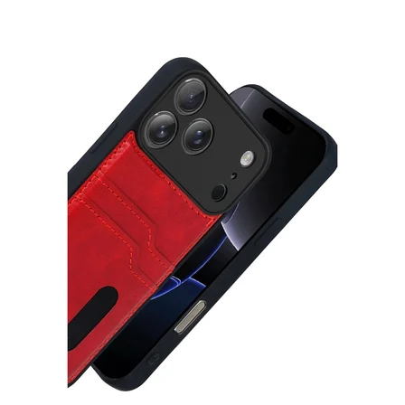 Apple Uyumlu İphone 17 Pro Max Sara Kartvizitli Deri Kılıf - Kırmızı