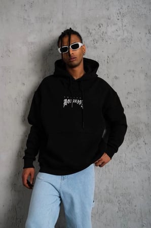 Erkek Baskılı Kapüşonlu ve Kanguru Cepli Sweatshirt hoodie- Siyah
