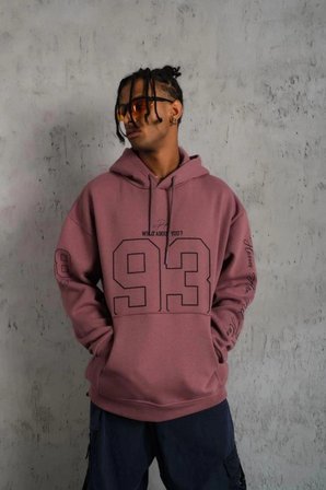 Erkek 3 İplik Pamuklu Kapüşonlu Baskılı Cepli Sweatshirt Hoodie - Gül Kurusu