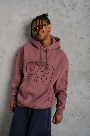 Erkek 3 İplik Pamuklu Kapüşonlu Baskılı Cepli Sweatshirt Hoodie - Gül Kurusu