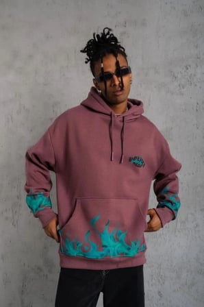 Erkek 3 İplik içi Pamuklu Alev Baskılı Kapüşonlu hoodie Sweatshirt - Gül Kurusu