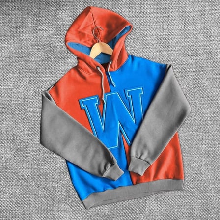 Kadın W Nakış İşlemeli Kapüşonlu 3 iplik pamuklu Parçalı Sweatshirt Hoodie - Mavi
