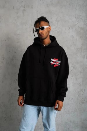 Erkek 3 İplik Pamuklu Kapüşonlu Baskılı Cepli Oversize Sweatshirt Hoodie - Siyah
