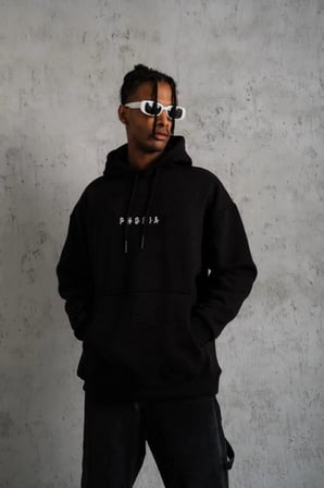 Erkek 3 İplik Pamuklu Kapüşonlu Baskılı Cepli Oversize Sweatshirt Hoodie - Siyah