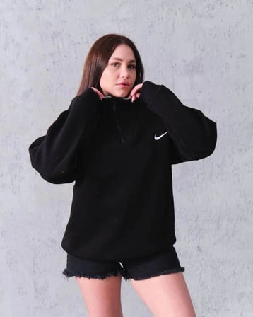 Kadın Yarım Fermuarlı Üç iplik Şardonlu Pamuklu Sweatshirt - Siyah